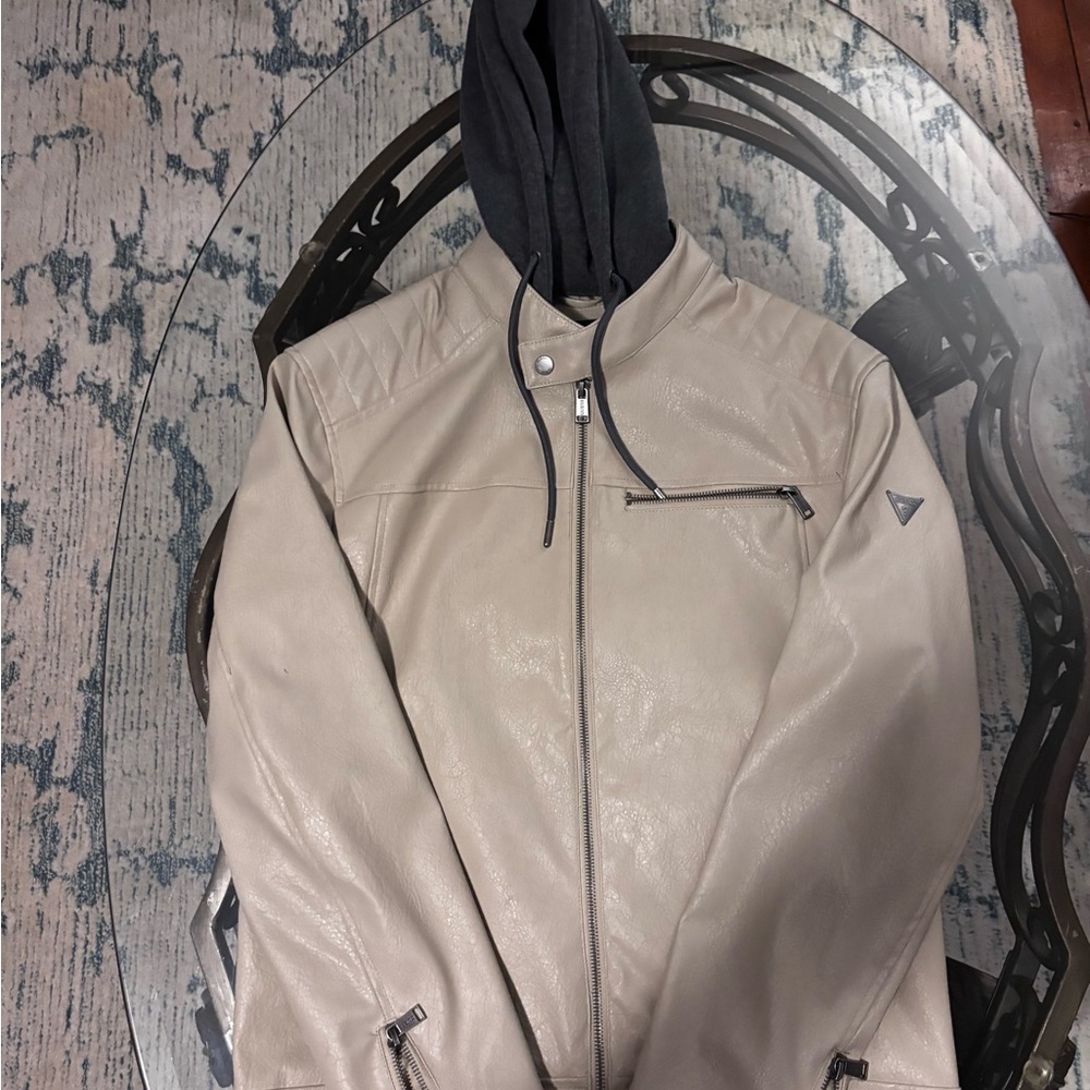 Guess “Dave Hoodie man Biker”Leather Jacket with Hood